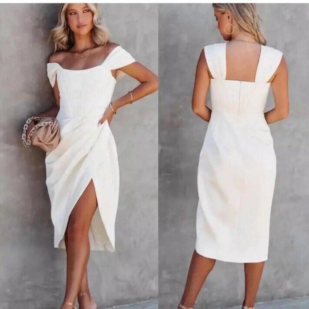 BEULAH Style S Ivory Satin Off Shoulder Draped Slit Corset Midi Asymmetric Dress